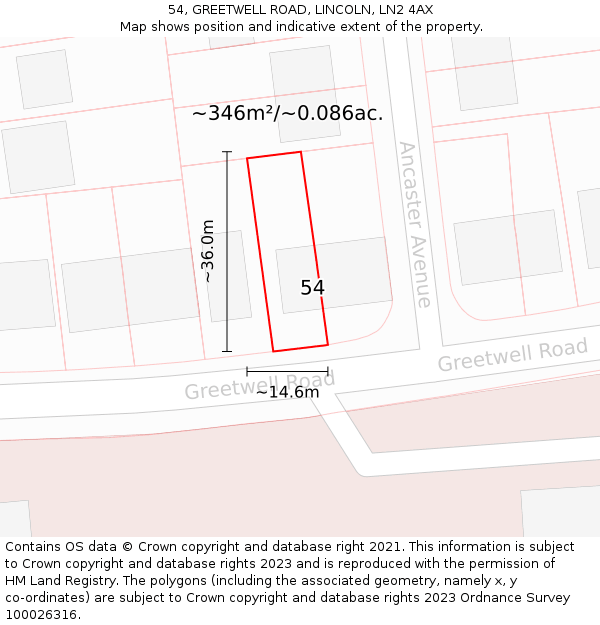 54, GREETWELL ROAD, LINCOLN, LN2 4AX: Plot and title map