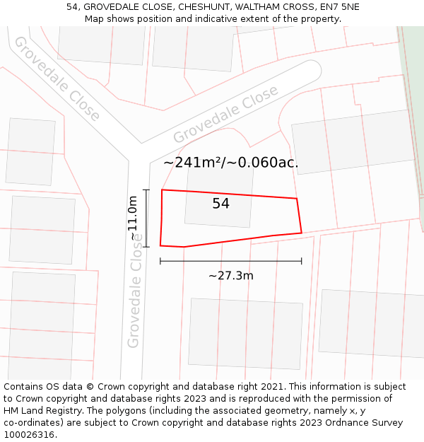 54, GROVEDALE CLOSE, CHESHUNT, WALTHAM CROSS, EN7 5NE: Plot and title map