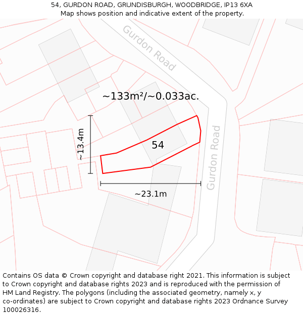 54, GURDON ROAD, GRUNDISBURGH, WOODBRIDGE, IP13 6XA: Plot and title map