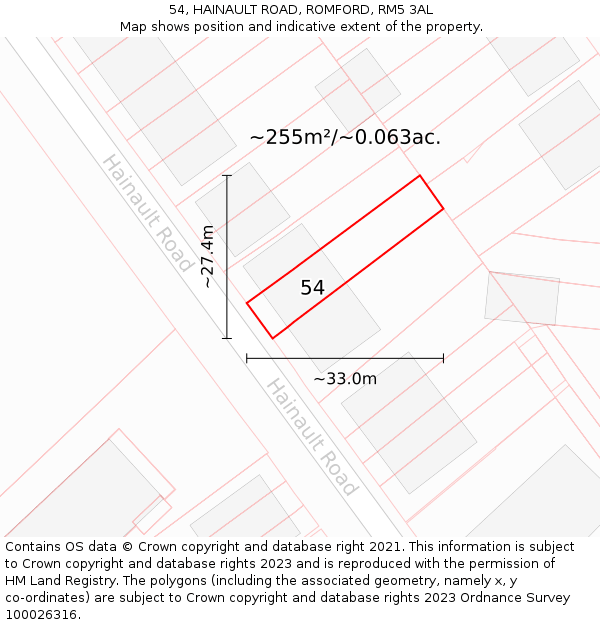 54, HAINAULT ROAD, ROMFORD, RM5 3AL: Plot and title map