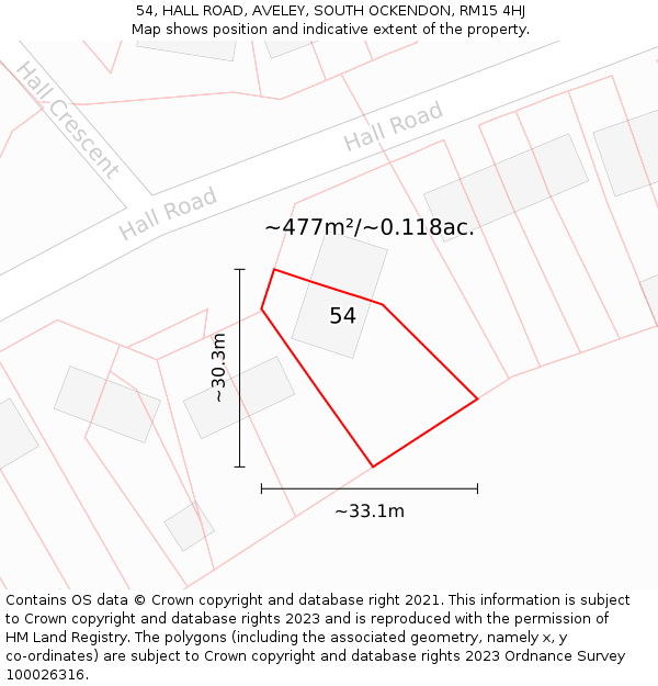 54, HALL ROAD, AVELEY, SOUTH OCKENDON, RM15 4HJ: Plot and title map