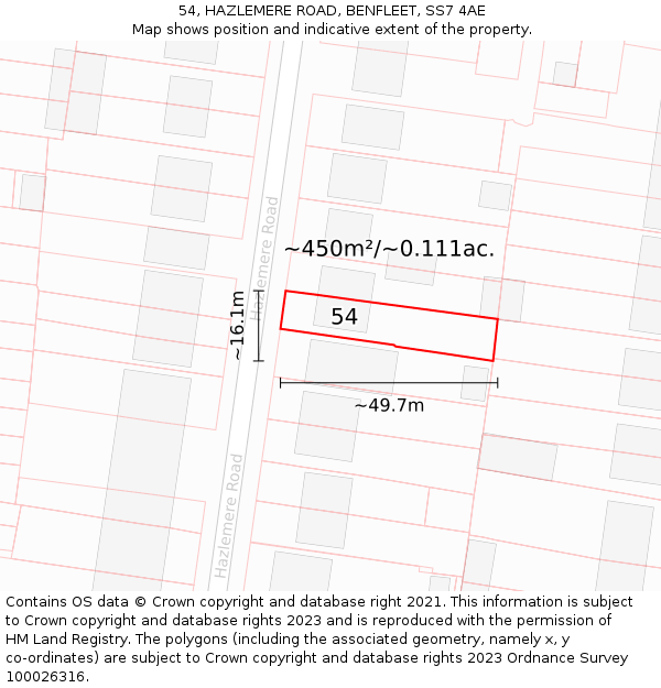 54, HAZLEMERE ROAD, BENFLEET, SS7 4AE: Plot and title map