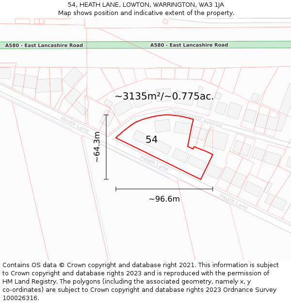 54, HEATH LANE, LOWTON, WARRINGTON, WA3 1JA: Plot and title map