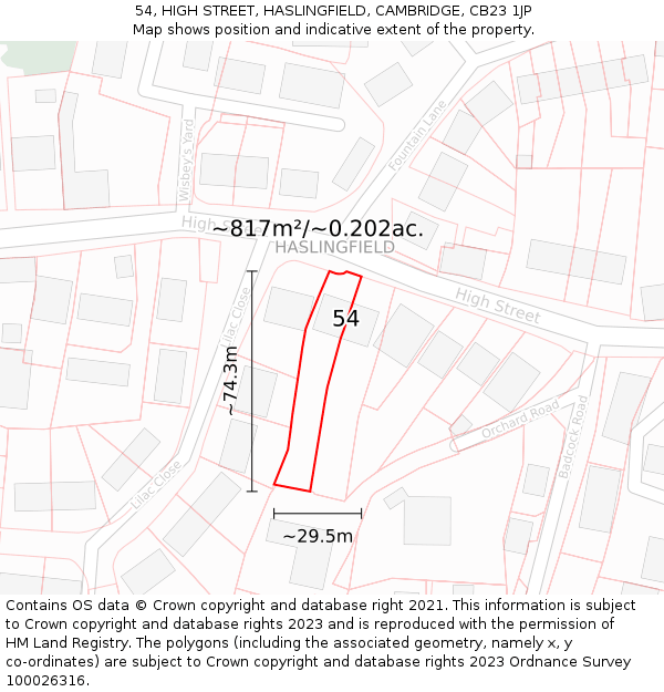 54, HIGH STREET, HASLINGFIELD, CAMBRIDGE, CB23 1JP: Plot and title map