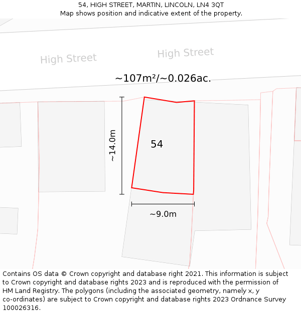 54, HIGH STREET, MARTIN, LINCOLN, LN4 3QT: Plot and title map
