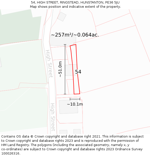 54, HIGH STREET, RINGSTEAD, HUNSTANTON, PE36 5JU: Plot and title map