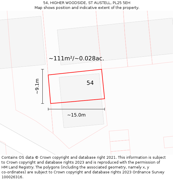 54, HIGHER WOODSIDE, ST AUSTELL, PL25 5EH: Plot and title map