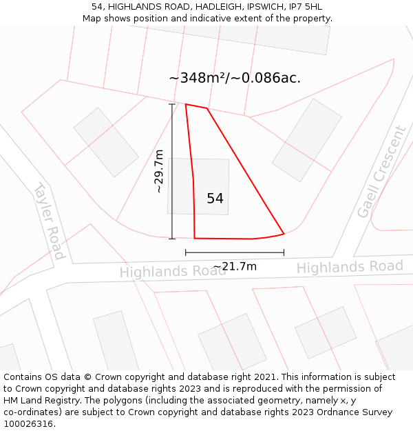 54, HIGHLANDS ROAD, HADLEIGH, IPSWICH, IP7 5HL: Plot and title map