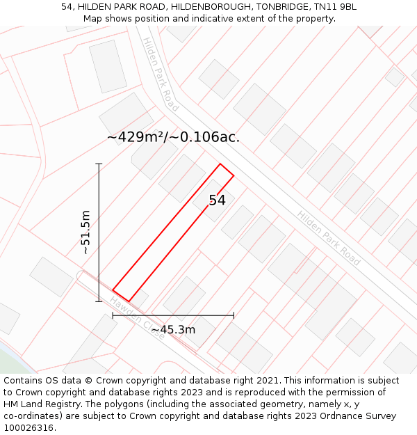 54, HILDEN PARK ROAD, HILDENBOROUGH, TONBRIDGE, TN11 9BL: Plot and title map