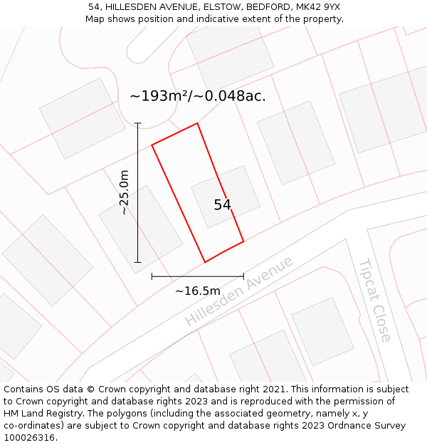 54, HILLESDEN AVENUE, ELSTOW, BEDFORD, MK42 9YX: Plot and title map