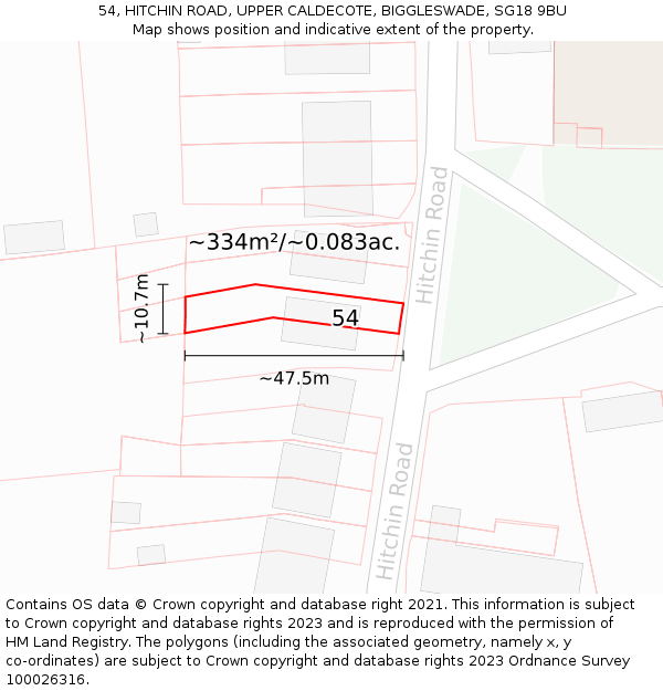 54, HITCHIN ROAD, UPPER CALDECOTE, BIGGLESWADE, SG18 9BU: Plot and title map