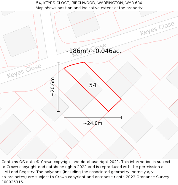 54, KEYES CLOSE, BIRCHWOOD, WARRINGTON, WA3 6RX: Plot and title map