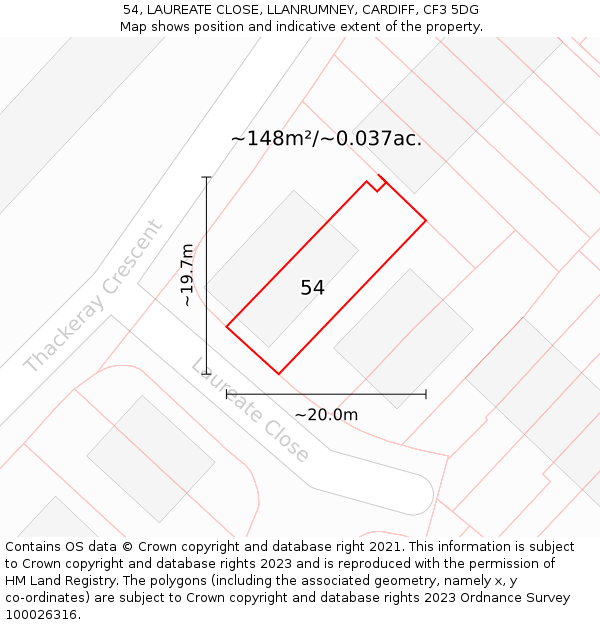 54, LAUREATE CLOSE, LLANRUMNEY, CARDIFF, CF3 5DG: Plot and title map