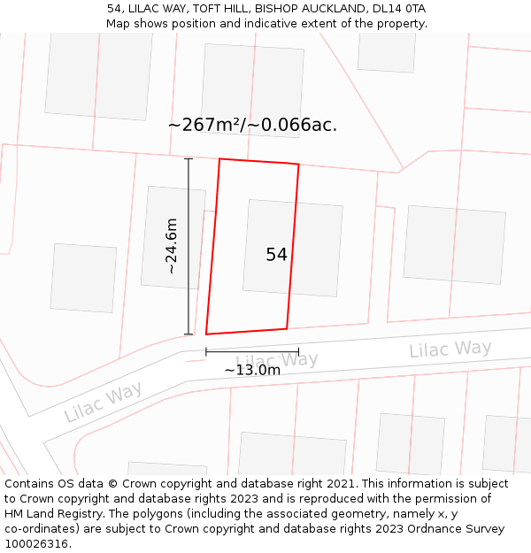 54, LILAC WAY, TOFT HILL, BISHOP AUCKLAND, DL14 0TA: Plot and title map