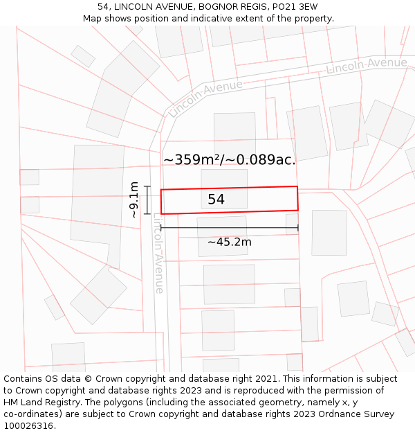 54, LINCOLN AVENUE, BOGNOR REGIS, PO21 3EW: Plot and title map