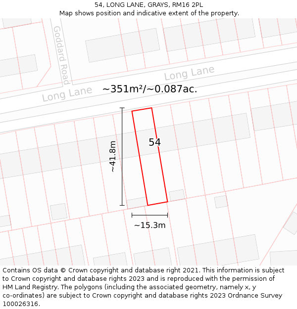 54, LONG LANE, GRAYS, RM16 2PL: Plot and title map