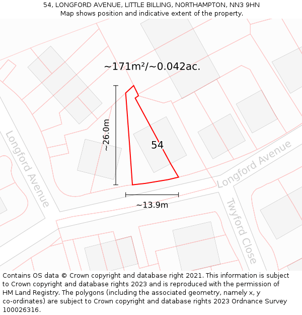 54, LONGFORD AVENUE, LITTLE BILLING, NORTHAMPTON, NN3 9HN: Plot and title map