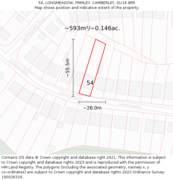 54, LONGMEADOW, FRIMLEY, CAMBERLEY, GU16 8RR: Plot and title map