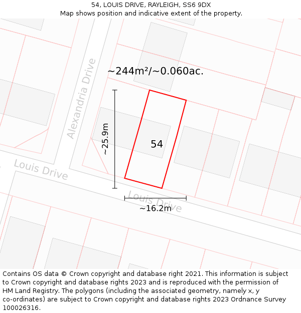 54, LOUIS DRIVE, RAYLEIGH, SS6 9DX: Plot and title map