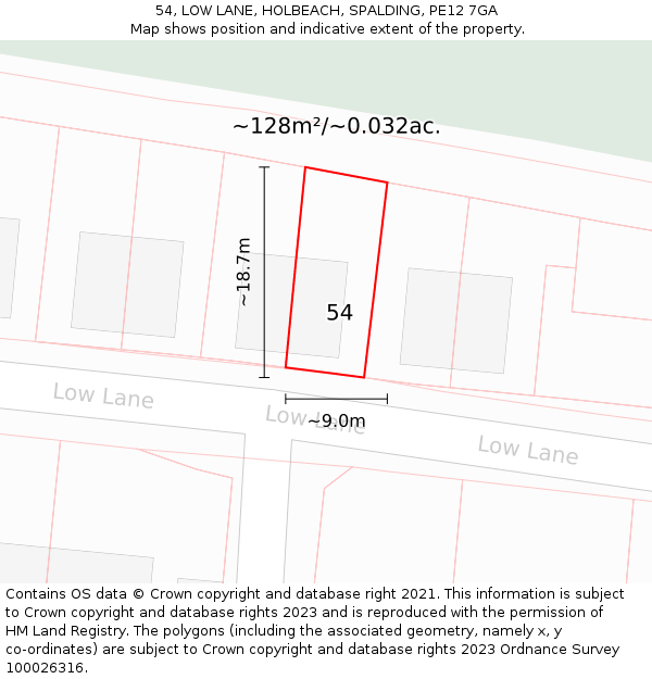 54, LOW LANE, HOLBEACH, SPALDING, PE12 7GA: Plot and title map