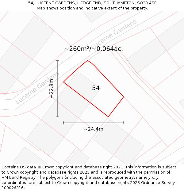 54, LUCERNE GARDENS, HEDGE END, SOUTHAMPTON, SO30 4SF: Plot and title map