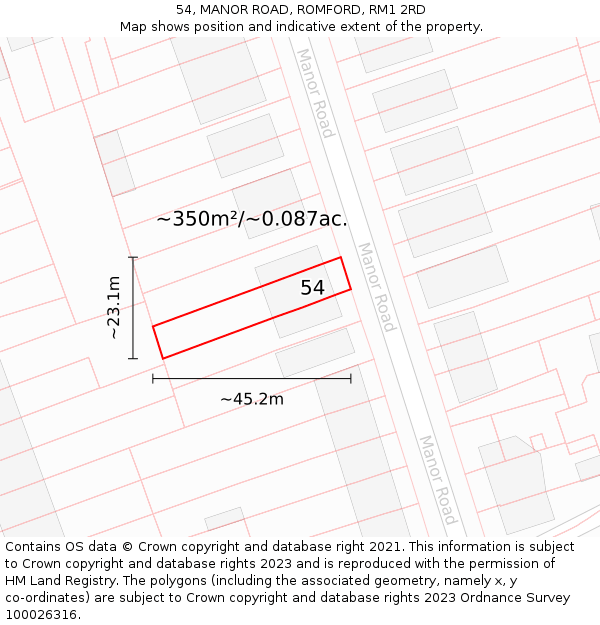 54, MANOR ROAD, ROMFORD, RM1 2RD: Plot and title map