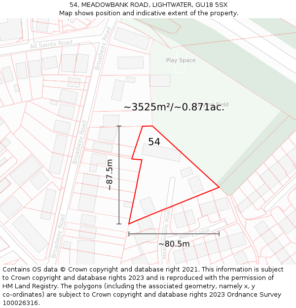 54, MEADOWBANK ROAD, LIGHTWATER, GU18 5SX: Plot and title map