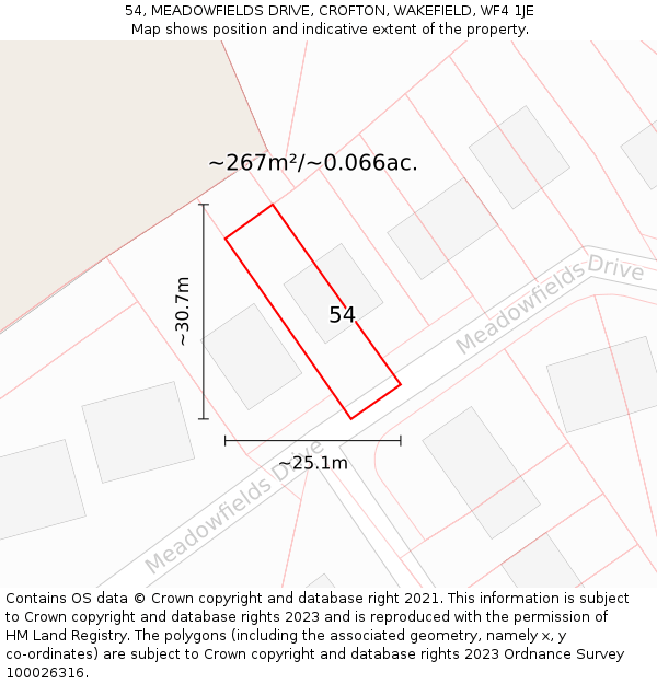 54, MEADOWFIELDS DRIVE, CROFTON, WAKEFIELD, WF4 1JE: Plot and title map