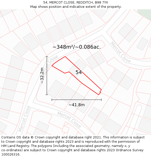 54, MERCOT CLOSE, REDDITCH, B98 7YX: Plot and title map