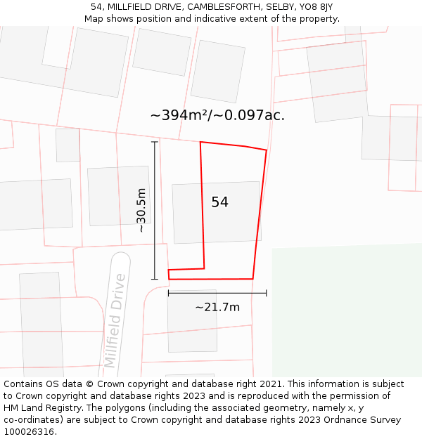 54, MILLFIELD DRIVE, CAMBLESFORTH, SELBY, YO8 8JY: Plot and title map