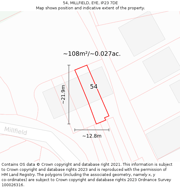 54, MILLFIELD, EYE, IP23 7DE: Plot and title map