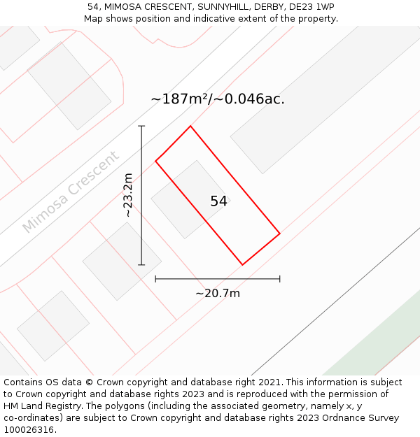 54, MIMOSA CRESCENT, SUNNYHILL, DERBY, DE23 1WP: Plot and title map