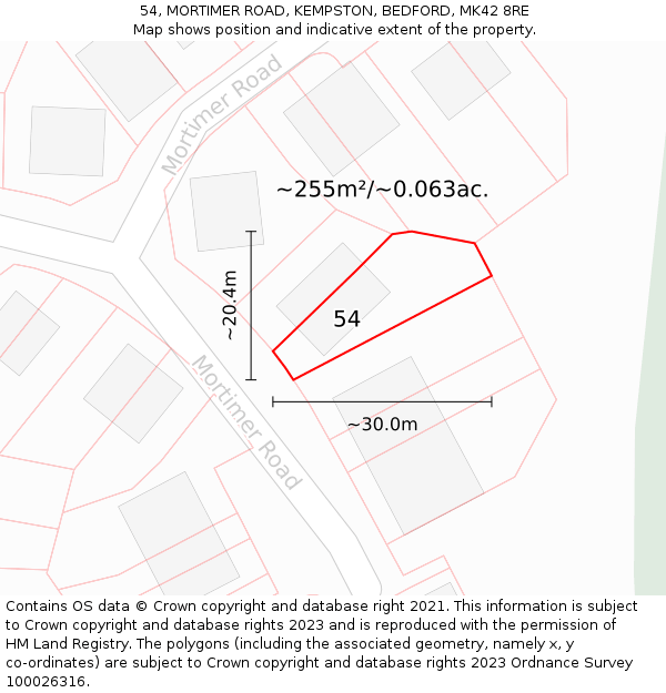 54, MORTIMER ROAD, KEMPSTON, BEDFORD, MK42 8RE: Plot and title map