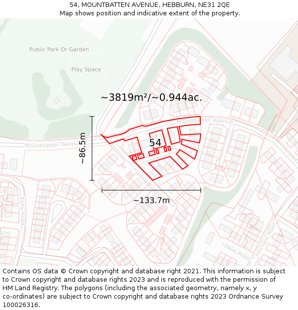 54, MOUNTBATTEN AVENUE, HEBBURN, NE31 2QE: Plot and title map