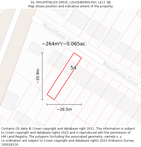 54, MOUNTFIELDS DRIVE, LOUGHBOROUGH, LE11 3JE: Plot and title map