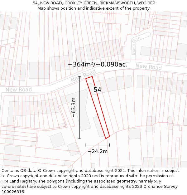 54, NEW ROAD, CROXLEY GREEN, RICKMANSWORTH, WD3 3EP: Plot and title map