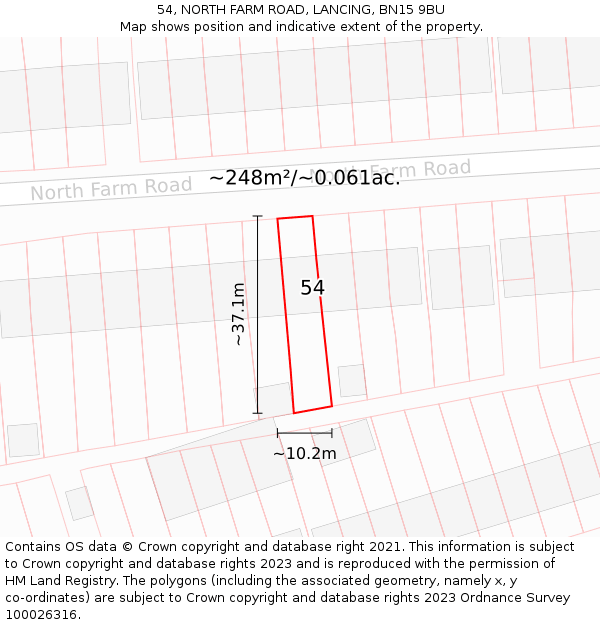 54, NORTH FARM ROAD, LANCING, BN15 9BU: Plot and title map