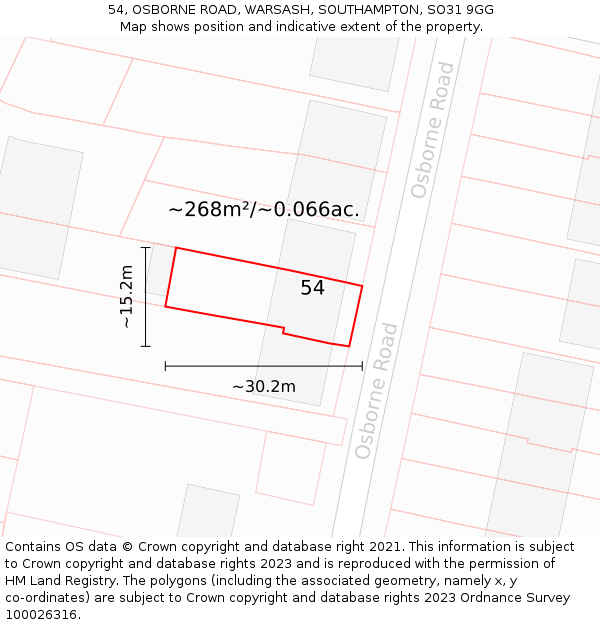 54, OSBORNE ROAD, WARSASH, SOUTHAMPTON, SO31 9GG: Plot and title map