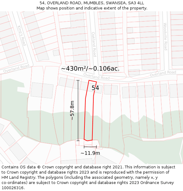 54, OVERLAND ROAD, MUMBLES, SWANSEA, SA3 4LL: Plot and title map