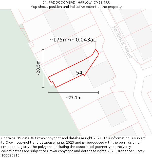 54, PADDOCK MEAD, HARLOW, CM18 7RR: Plot and title map