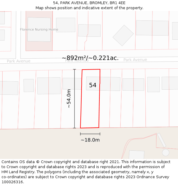 54, PARK AVENUE, BROMLEY, BR1 4EE: Plot and title map