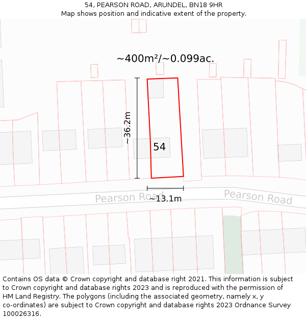 54, PEARSON ROAD, ARUNDEL, BN18 9HR: Plot and title map