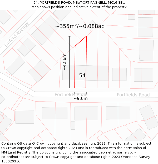 54, PORTFIELDS ROAD, NEWPORT PAGNELL, MK16 8BU: Plot and title map