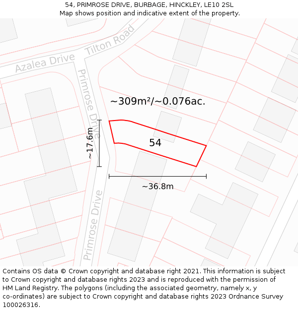 54, PRIMROSE DRIVE, BURBAGE, HINCKLEY, LE10 2SL: Plot and title map