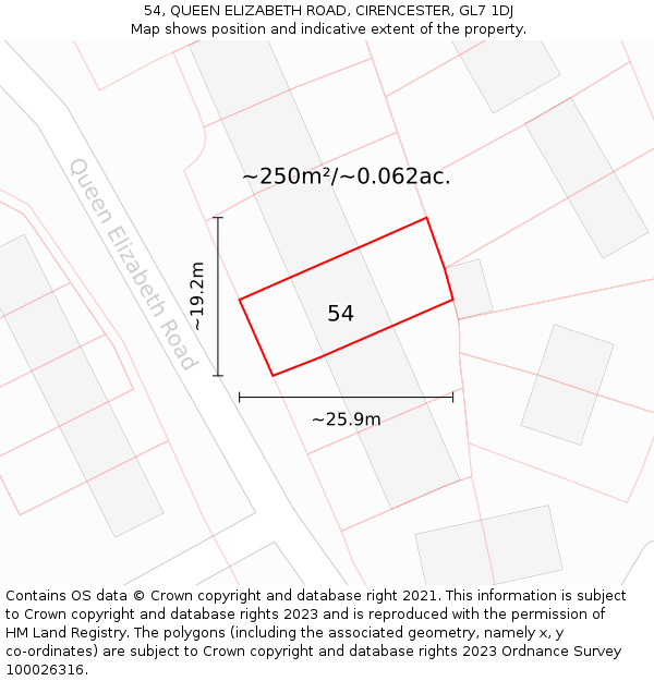 54, QUEEN ELIZABETH ROAD, CIRENCESTER, GL7 1DJ: Plot and title map