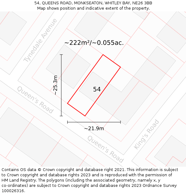 54, QUEENS ROAD, MONKSEATON, WHITLEY BAY, NE26 3BB: Plot and title map