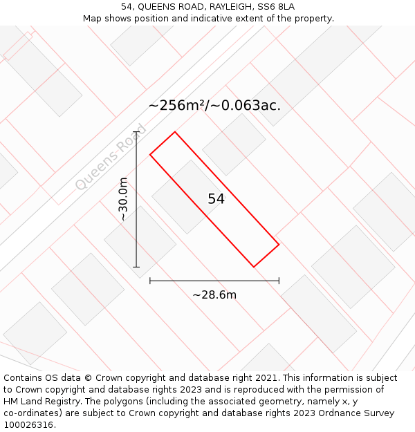 54, QUEENS ROAD, RAYLEIGH, SS6 8LA: Plot and title map