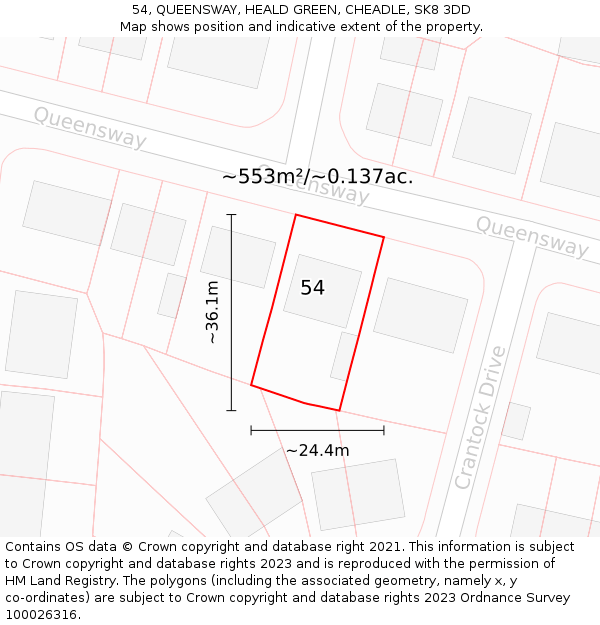 54, QUEENSWAY, HEALD GREEN, CHEADLE, SK8 3DD: Plot and title map