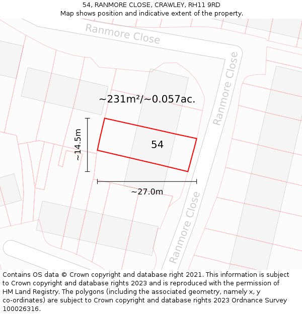 54, RANMORE CLOSE, CRAWLEY, RH11 9RD: Plot and title map