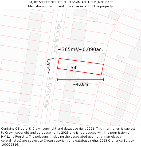 54, REDCLIFFE STREET, SUTTON-IN-ASHFIELD, NG17 4ET: Plot and title map